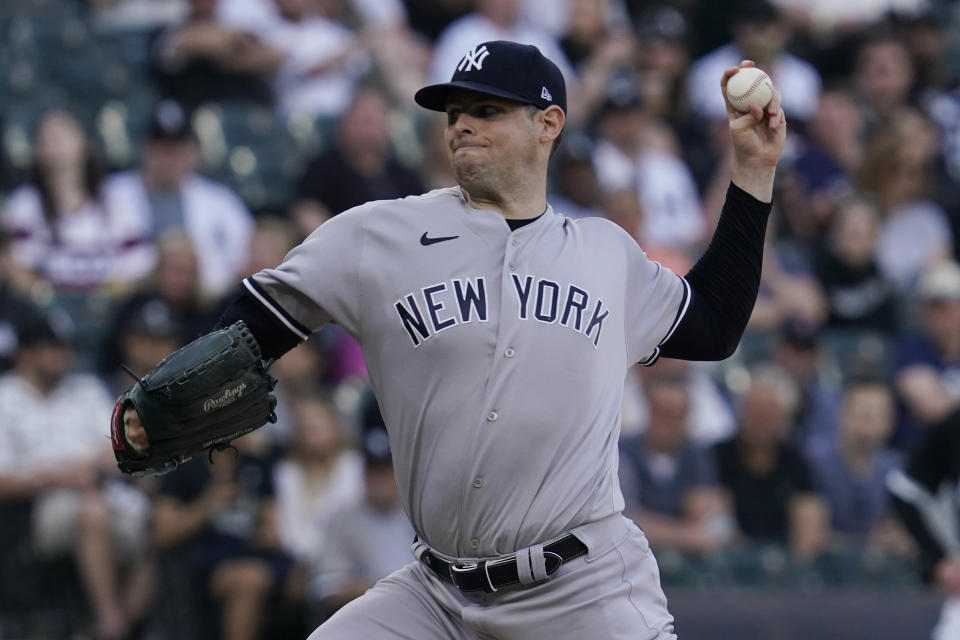 New York Yankees starting pitcher Jordan Montgomery throws against the Chicago White Sox during the first inning of a baseball game in Chicago, Saturday, May 14, 2022. (AP Photo/Nam Y. Huh)