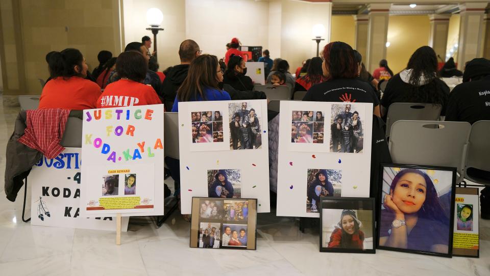 Remembrance posters are shown Thursday at the annual Missing and Murdered Indigenous Women and People Day of Awareness at the Capitol.