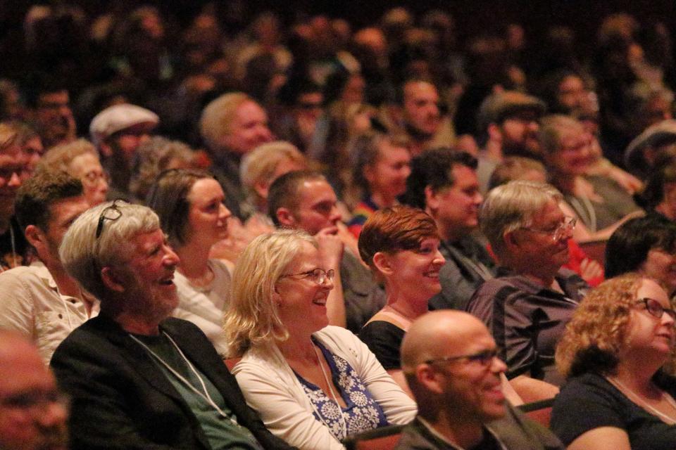 The crowd at the Buskirk-Chumley Theater enjoys the show on opening night of the Limestone Comedy Festival in May 2019.