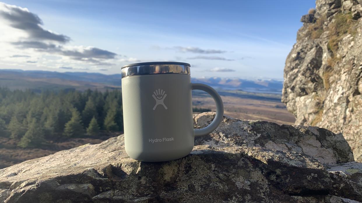  Hydroflask 12 oz coffee mug on a rock. 