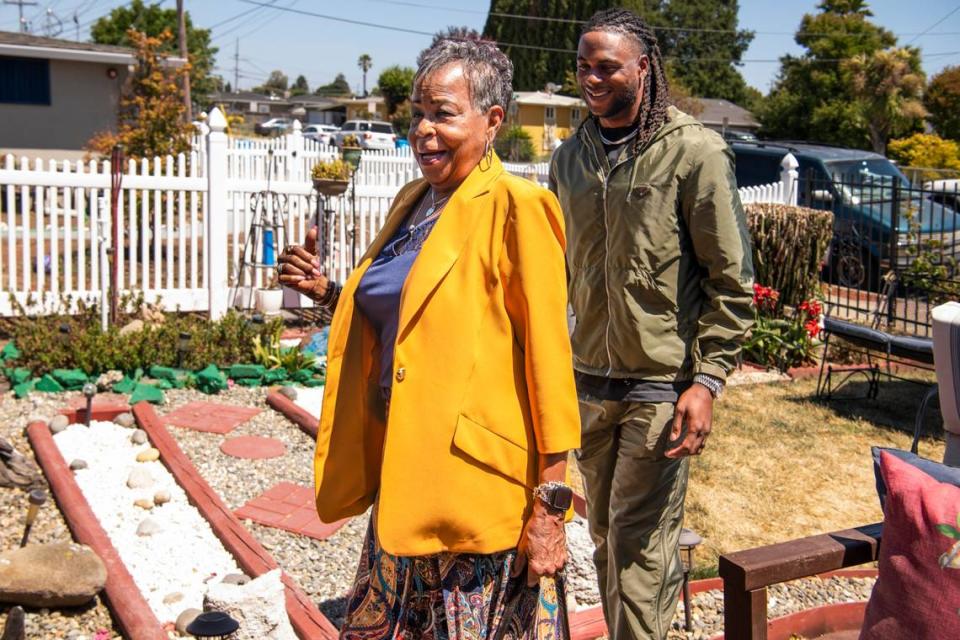 Las Vegas Raiders All-Pro wide receiver Davante Adams trades his football for a sledgehammer as he gifts his grandmother, Bettie, who helped raise him, a modern upgrade to her East Palo Alto, Calif., home where he grew up.