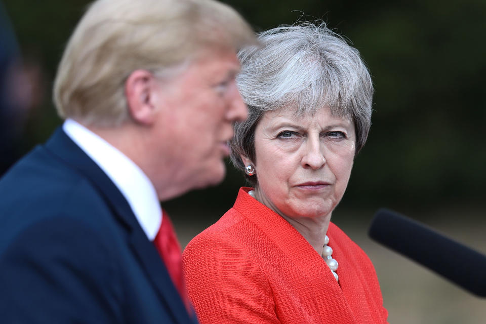 <p>Prime Minister Theresa May and U.S. President Donald Trump attend a joint press conference following their meeting at Chequers on July 13, 2018 in Aylesbury, England. (Photo: Jack Taylor/Getty Images) </p>