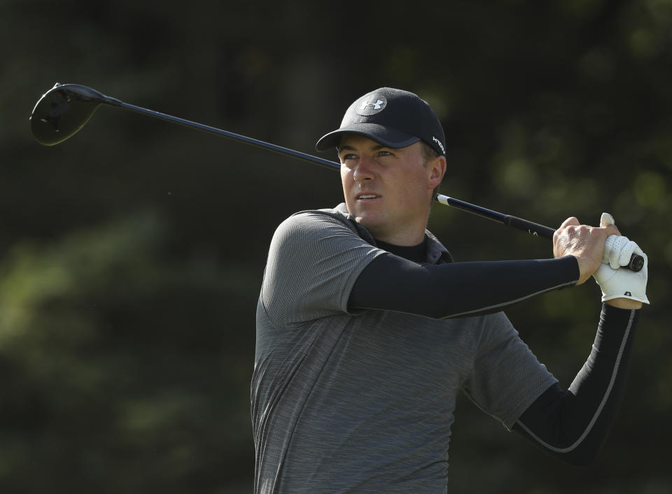 Jordan Spieth of the United States plays his tee shot on the 5th hole during the second round of the British Open Golf Championships at Royal Portrush in Northern Ireland, Friday, July 19, 2019.(AP Photo/Jon Super)