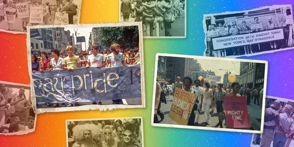 Vintage photos of LGBTQ people on rainbow background lead 2x1