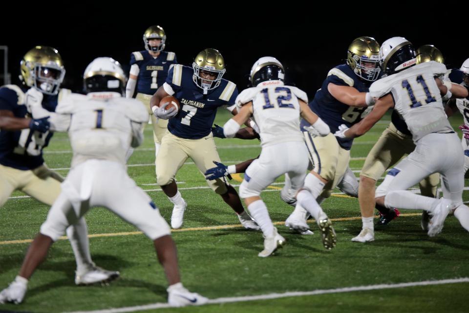 Salesianum's Andrew Ransome looks for running room in Salesianum's 44-21 win over DMA at Abessino stadium in Wilmington on Thursday, August 31, 2023.