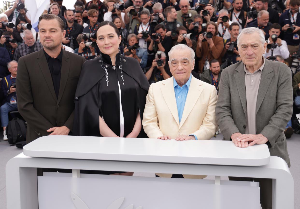 Leonardo DiCaprio, from left, Lily Gladstone, director Martin Scorsese and Robert De Niro pose on May 21 for photographers at the photo call for the film 'Killers of the Flower Moon' at the 76th international film festival, Cannes, southern France.