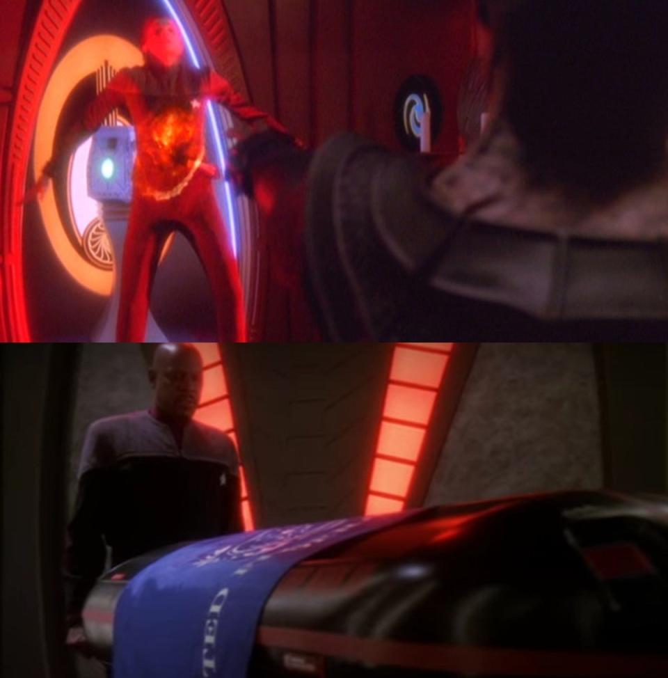 Gul Dukat (Marc Aliamo) kills Jadzia Dax (Terry Farrell) and later Captain Sisko (Avery Brooks) mourns her in the Deep Space Nine season six finale "Tears of the Prophets"