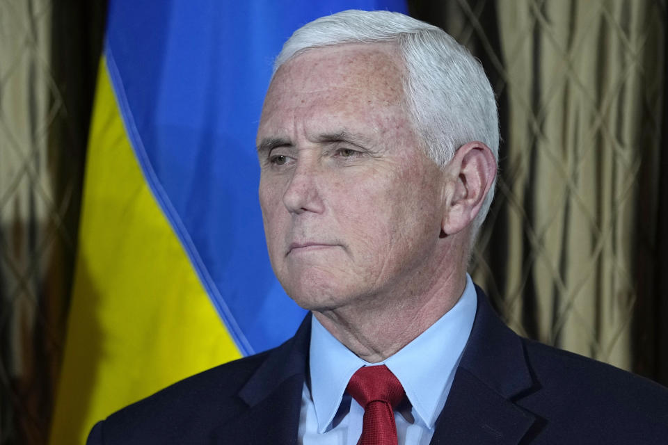 Former Vice President Mike Pence waits to speaks about the one-year anniversary of Russia's invasion of Ukraine during a visit to the University of Texas in Austin, Texas, Friday, Feb. 24, 2023. (AP Photo/Eric Gay)