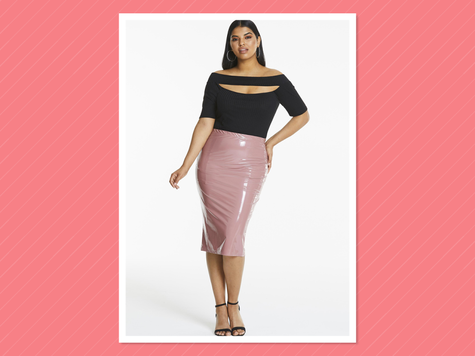 <p>Vinyl PU Midi Skirt, $40.99, <a rel="nofollow noopener" href="https://www.simplybe.com/en-us/products/edited-by-amber-rose-vinyl-skirt/p/CR198#v=1000000020%3A27%20Inches%7Ccolor%3ACR198_BLUSH%7C" target="_blank" data-ylk="slk:simplybe.com;elm:context_link;itc:0;sec:content-canvas" class="link "> simplybe.com</a> </p>