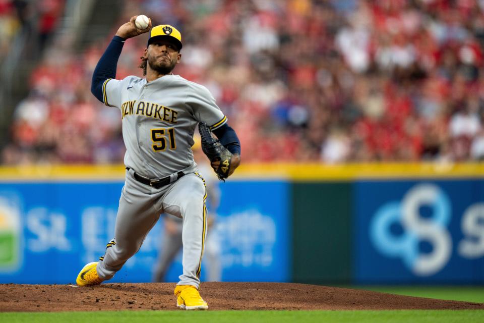 Brewers starting pitcher Freddy Peralta worked six scoreless innings against the Reds on Saturday, allowing just one hit and two walks with six strikeouts.