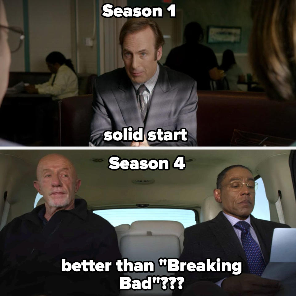 saul in season 1 labeled "solid start" and Mike and Gus in Season 4 labeled "better than Breaking Bad???"