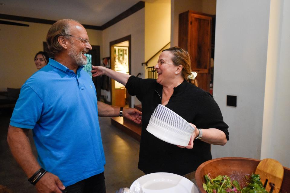 Sen. Heidi Campbell, congressional District 5 Democratic nominee, hugs her friend Cal Cobb on election night in her home in Nashville, Tenn., Thursday, Aug. 4, 2022.