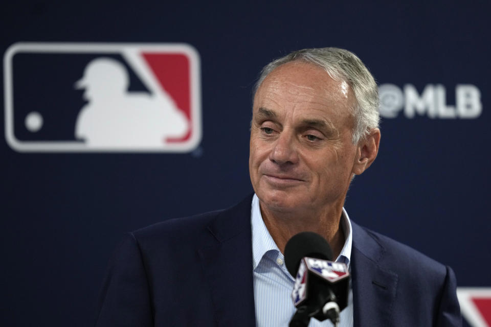 Major League Baseball commissioner Rob Manfred speaks during a baseball spring training media day Thursday, Feb. 15, 2024, in Tampa, Fla. (AP Photo/Charlie Neibergall)