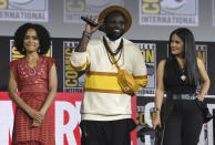 Lauren Ridloff, from left, Brian Tyree Henry and Salma Hayek participate in the Marvel Studios panel on day three of Comic-Con International on Saturday, July 20, 2019, in San Diego. (Photo by Chris Pizzello/Invision/AP)