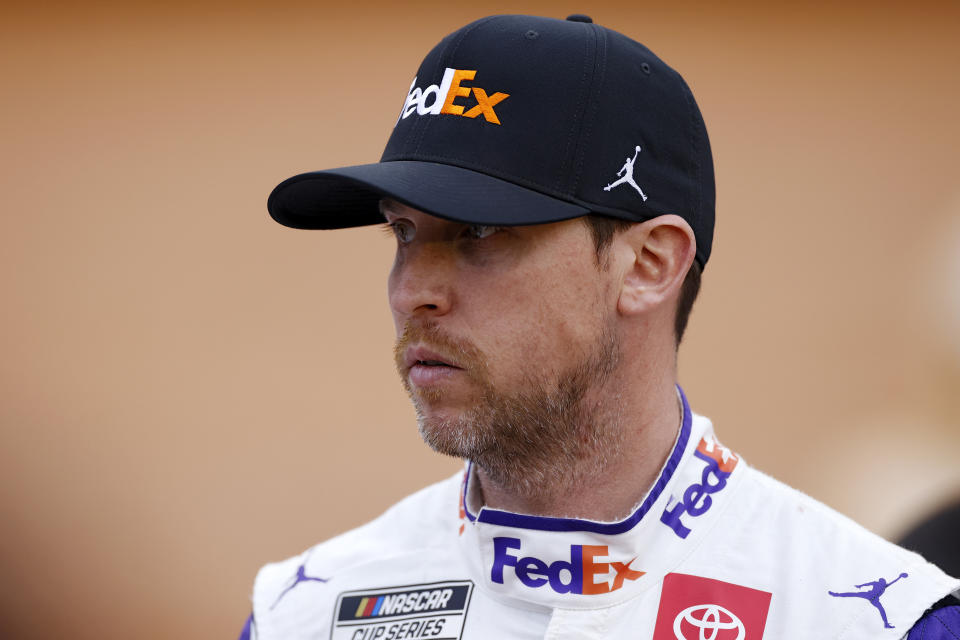 BRISTOL, TN - APRIL 17: Denny Hamlin (#11 Joe Gibbs Racing FedEx Ground Toyota) looks on prior to the start of the NASCAR Cup Series Food City Dirt Race on April 17, 2022 at Bristol Motor Speedway Dirt Track in Bristol, Tennessee. (Photo by Joe Robbins/Icon Sportswire via Getty Images)