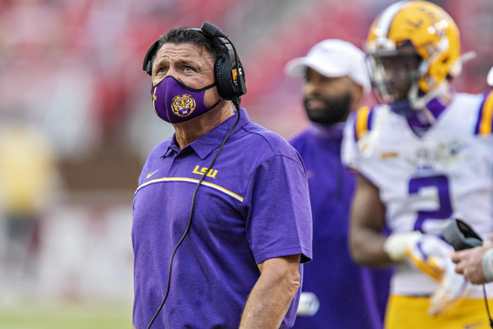 LSU coach Ed Orgeron looks on during a game against Arkansas on Nov. 21. (Wesley Hitt/Getty Images)