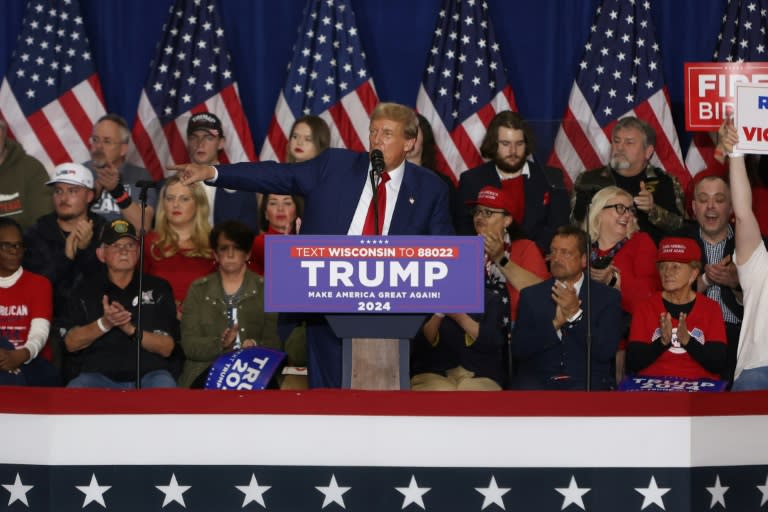 Former US President and 2024 presidential hopeful Donald Trump speaks during a campaign rally at the Hyatt Regency in Green Bay, Wisconsin, on April 2, 2024 (Alex Wroblewski)