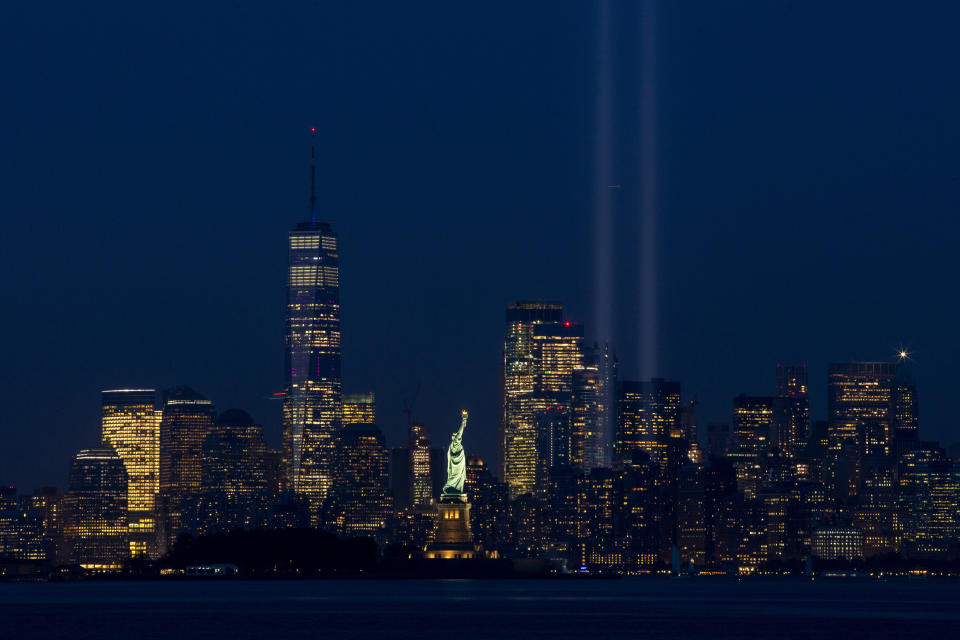 The Tribute in Light rises above the lower Manhattan skyline, Wednesday, Sept. 11, 2019 in Bayonne, N.J. (AP Photo/Eduardo Munoz Alvarez)