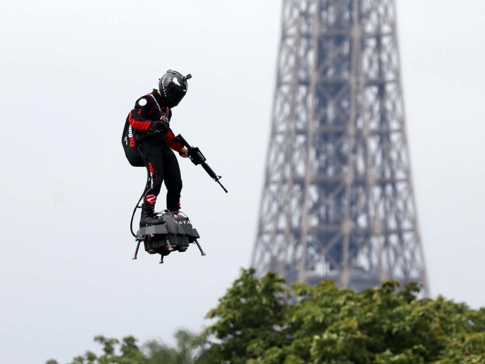 A French inventor plans to cross the English Channel this week on a jet-powered hoverboard.Franky Zapata, a former JetSki champion and army reservist, last featured his Flyboard during the annual Bastille Day military parade in Paris.He plans to cross the channel on Thursday, the 110th anniversary the first aerial crossing of the Channel.The 40-year-old intends to cross from Sangatte, a beach near Calais, to St Margaret’s Bay in Dover within 20 minutes.He will need to refuel halfway, as the Flyboard has a flight time of only 10 minutes.“It’s the culmination of a dream,” Mr Zapata told French newspaper Le Parisien, before admitting he was “very stressed”.He said the Bastille Day demonstration was easy compared to his plan to cross the channel.“I used 3 per cent of the machine’s capabilities while for the Channel, I will need 99.9 per cent,” he said.“This will not be easy. I have a 30 per cent chance of getting there.”Mr Zapata said he had obtained permission from civil aviation authorities, but not from the maritime authorities, who said his refuelling ship could pose a danger to container ships operating in the Channel.He said he would adapt by flying 70m above the ocean on the French side of the channel, before dropping to 10m above the English side.“The refusal multiplies the difficulty of the challenge by 10,” he said. “This decision is completely arbitrary.”He said he had two options on how to refuel the Flyboard with kerosine: either by landing on a ship and refuelling or hovering above it, a more risky strategy which would allow him to claim a continuous cross-Channel flight.