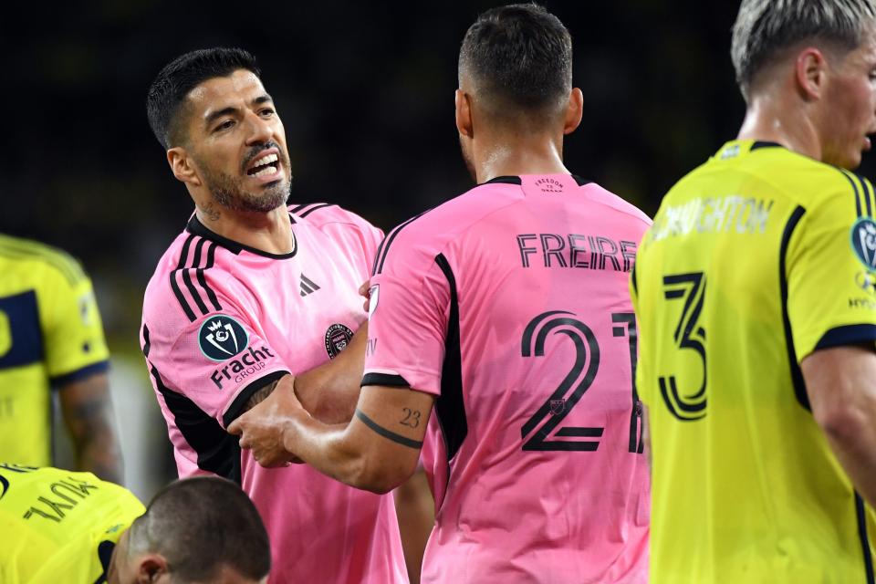 Inter Miami forward Luis Suarez (9) yells at the referee after a play during the first half of the CONCACAF Champions Cup round of 16 on March 7, 2024 at GEODIS Park in Nashville, Tennessee.