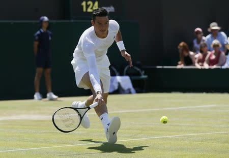 Raonic had to hit a lot of tough volleys during his match against Kyrgios, rarely getting himself into good position. REUTERS/Stefan Wermuth