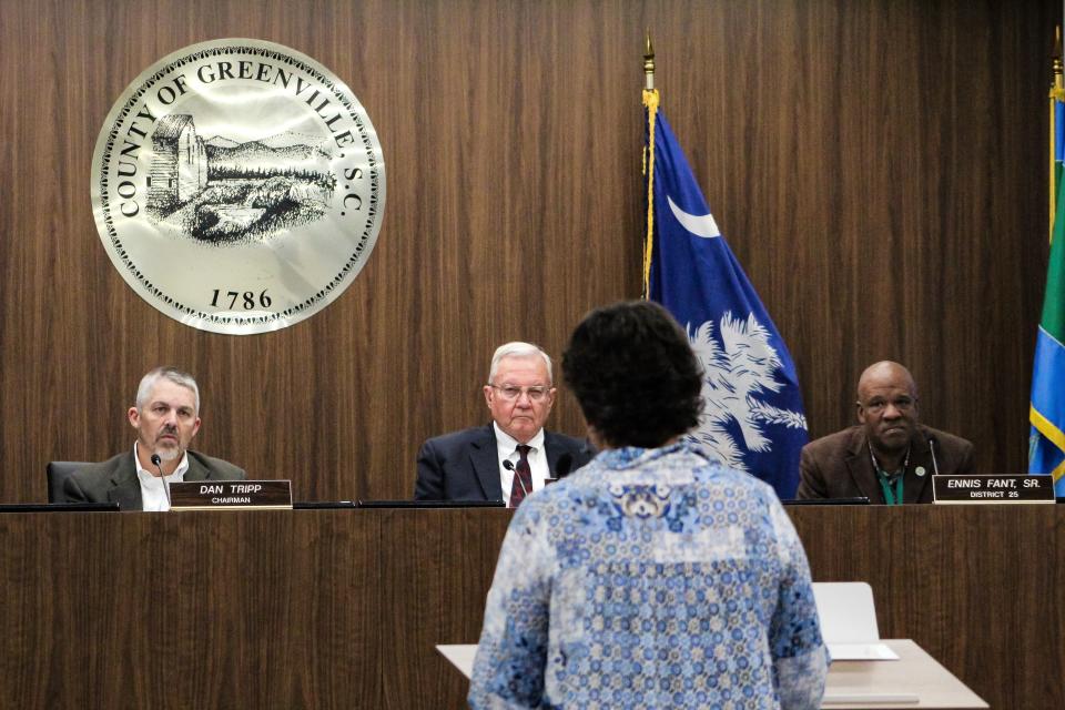 Save Our Saluda President Melanie Ruhlman addresses Greenville County Council Nov. 7, 2023 to advocate for riparian buffer protections along waters within the county.