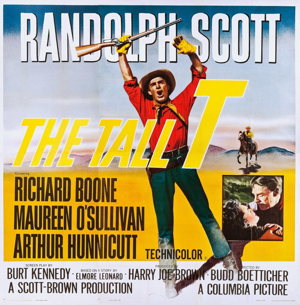 The Tall T, poster, Randolph Scott, inset: Maureen O'Sullivan, Randolph Scott on poster art, 1957. (Photo by LMPC via Getty Images)