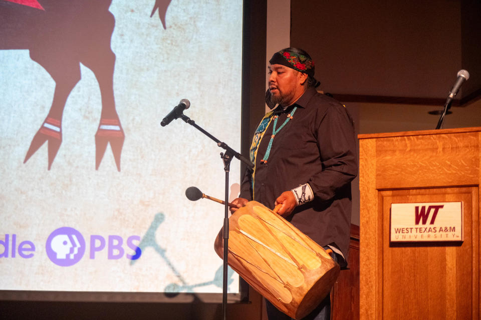 Evan Ortiz, a Native American singer, composer and artist, performs Wednesday at the screening of "The American Buffalo" at West Texas A&M in Canyon.