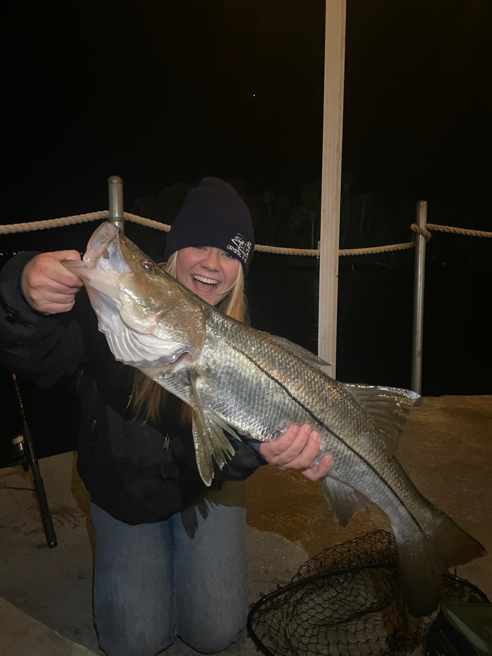 Tallahassee London Bush caught this beautiful Snook while visiting her father in Crystal River over Christmas break. Fish was caught off a private dock at night.