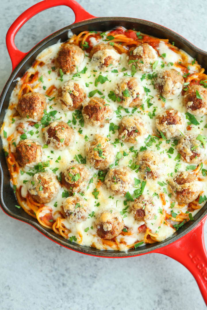 <strong>Get the <a href="http://damndelicious.net/2016/01/29/baked-spaghetti-and-meatballs/?m" target="_blank">Baked Spaghetti and Meatballs recipe</a>&nbsp;from Damn Delicious</strong>