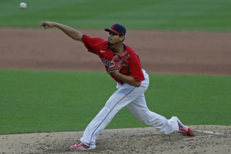 Cleveland Indians starting pitcher Carlos Carrasco delivers during the fifth inning of a baseball game against the Cincinnati Reds at Progressive Field, Thursday, Aug. 6, 2020, in Cleveland. (AP Photo/David Dermer)