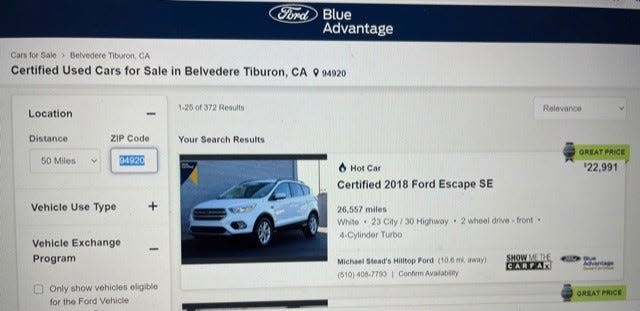 A snapshot from the online shopping site fordblueadvantage.com taken Thursday, Jan. 27, 2022. Ford is offering a money-back guarantee to used car shoppers starting in February.