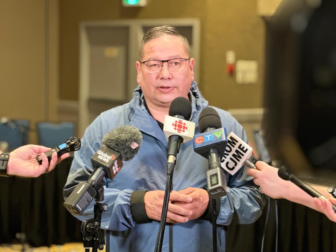 James Smith Cree Nation Chief Wally Burns speaks after the close of the inquest into the death of Myles Sanderson, who violently attacked and killed 11 people before dying in police custody three days later. (Chanss Lagaden/CBC - image credit)