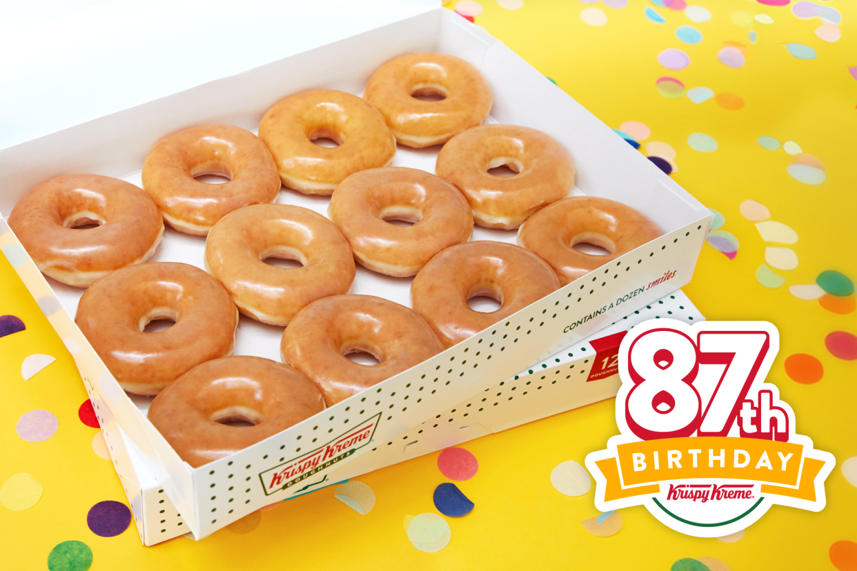 Krispy Kreme is celebrating its 87th birthday on Friday, July 12, by offering customers 87-cent Original Glazed dozens with the purchase of any dozen at regular price.