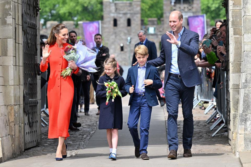Catherine, Duchess of Cambridge, Princess Charlotte of Cambridge, Prince George of Cambridge and Prince William, Duke of Cambridge depart after a visit of Cardiff Castle on June 04, 2022 in Cardiff, Wales. (Photo by Samir Hussein/WireImage)
