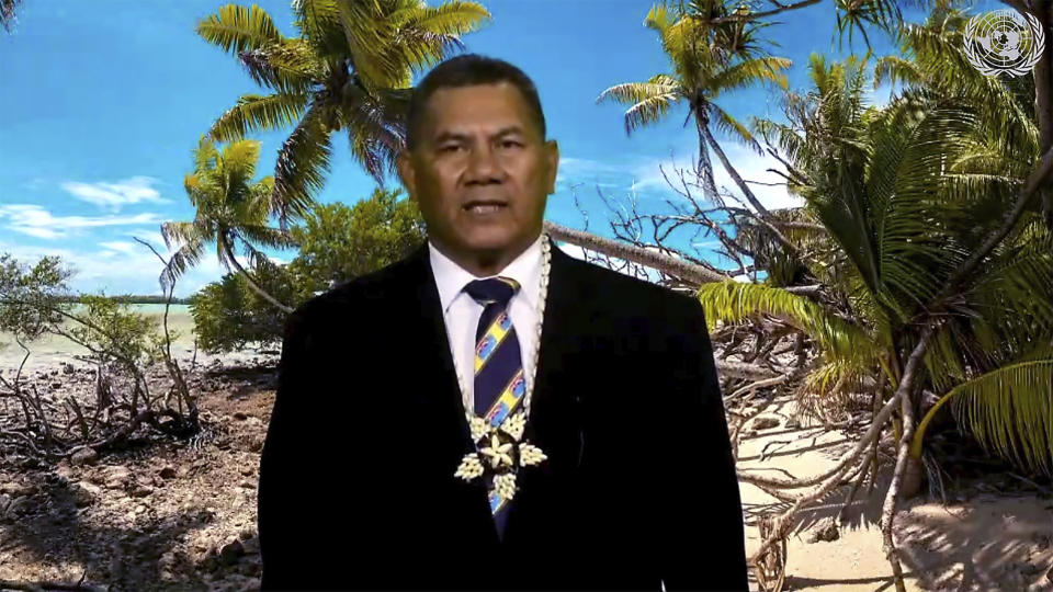 In this image made from UNTV video, Kausea Natano, Prime Minister of Tuvalu speaks in a pre-recorded message which was played during the 75th session of the United Nations General Assembly, Friday, Sept. 25, 2020, at UN headquarters. (UNTV via AP)