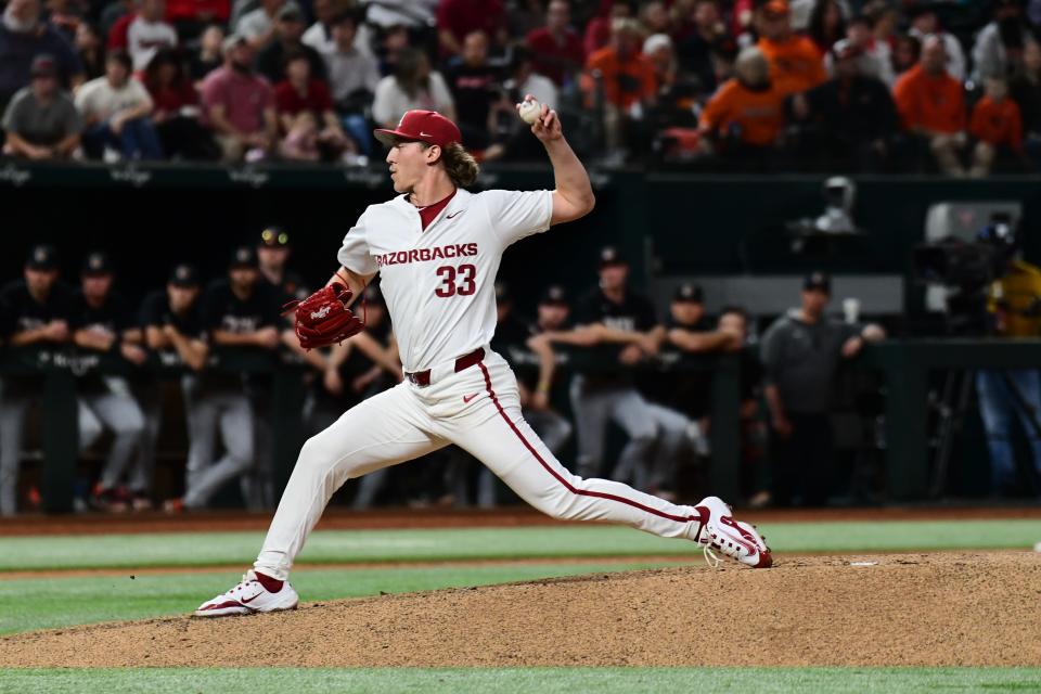 Arkansas baseball's Hagen Smith fires a pitch during the Razorbacks game against Oregon State at the Kubota College Baseball Series, Friday, Feb. 23, 2024. Smith tied a school recrod with 17 strikeouts in just six innings of work.