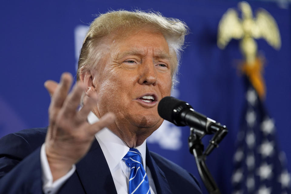 Republican presidential candidate former President Donald Trump speaks at a campaign event Saturday, Jan. 27, 2024, in Las Vegas. (AP Photo/John Locher)