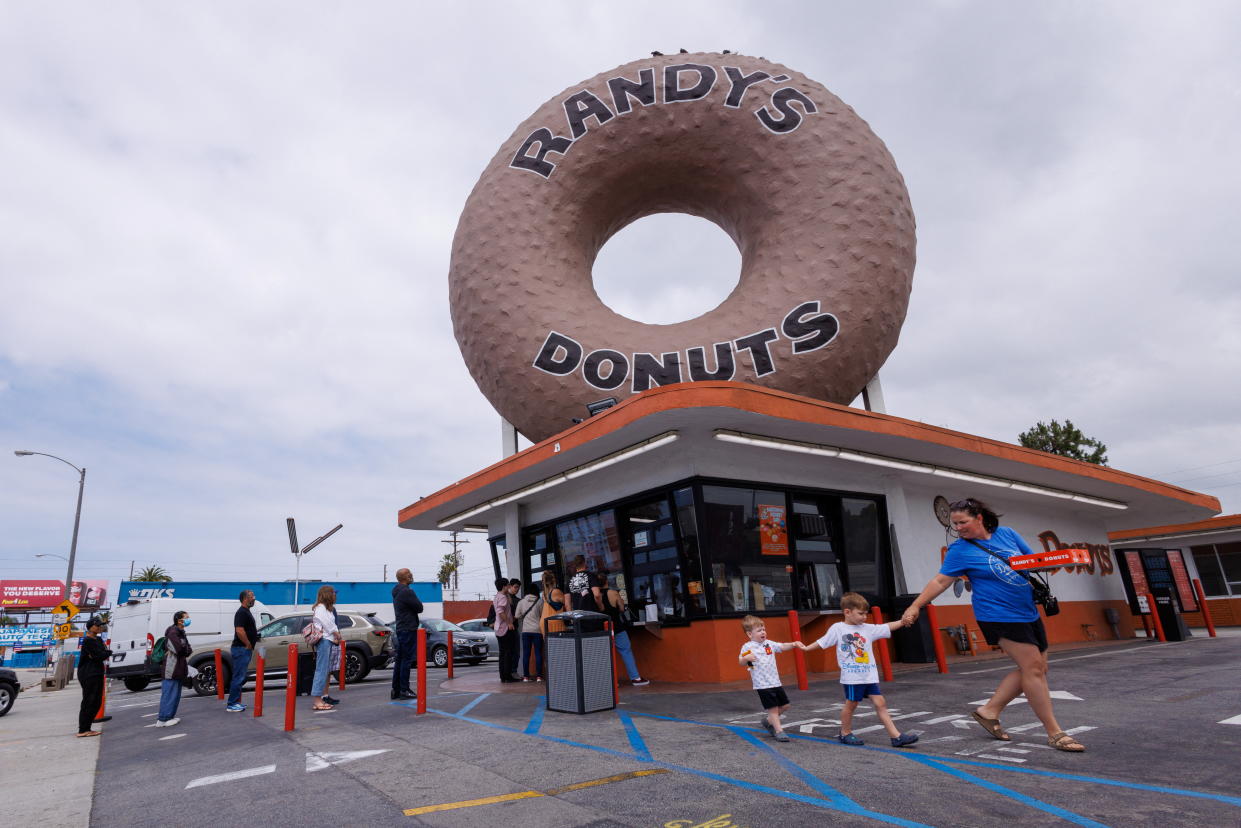 The iconic Randy's Donuts gives out one free donut to each customer during the first Friday in June that is celebrated as National Donut Day in Inglewood, California U.S., June 2, 2023. REUTERS/Mike Blake