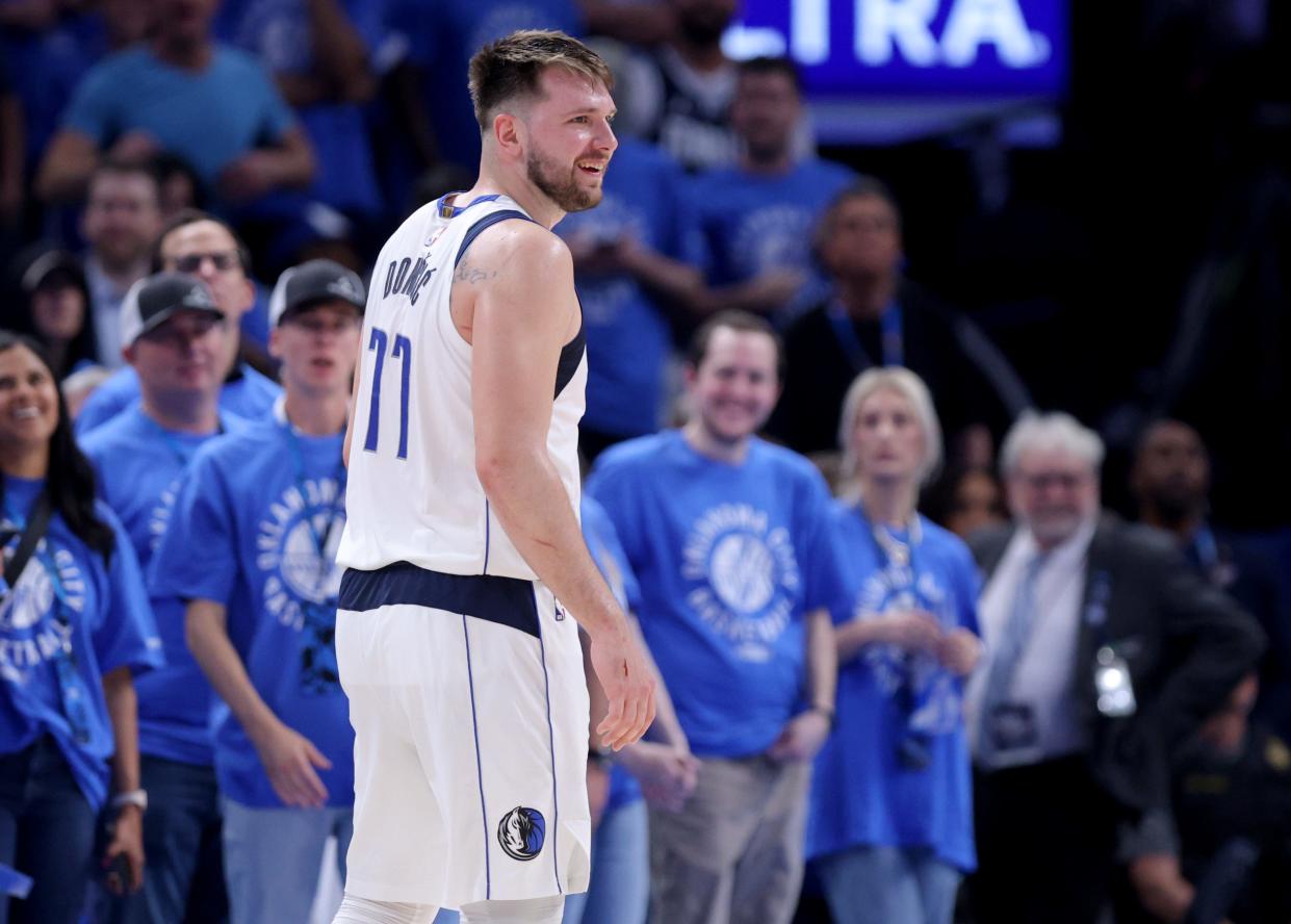 Dallas Mavericks guard Luka Doncic (77) reacts in the second half of Game 2 of the Western Conference semifinals NBA playoff game between the Oklahoma City Thunder and the Dallas Mavericks at Paycom Center in Oklahoma City, Thursday, May, 9, 2024.