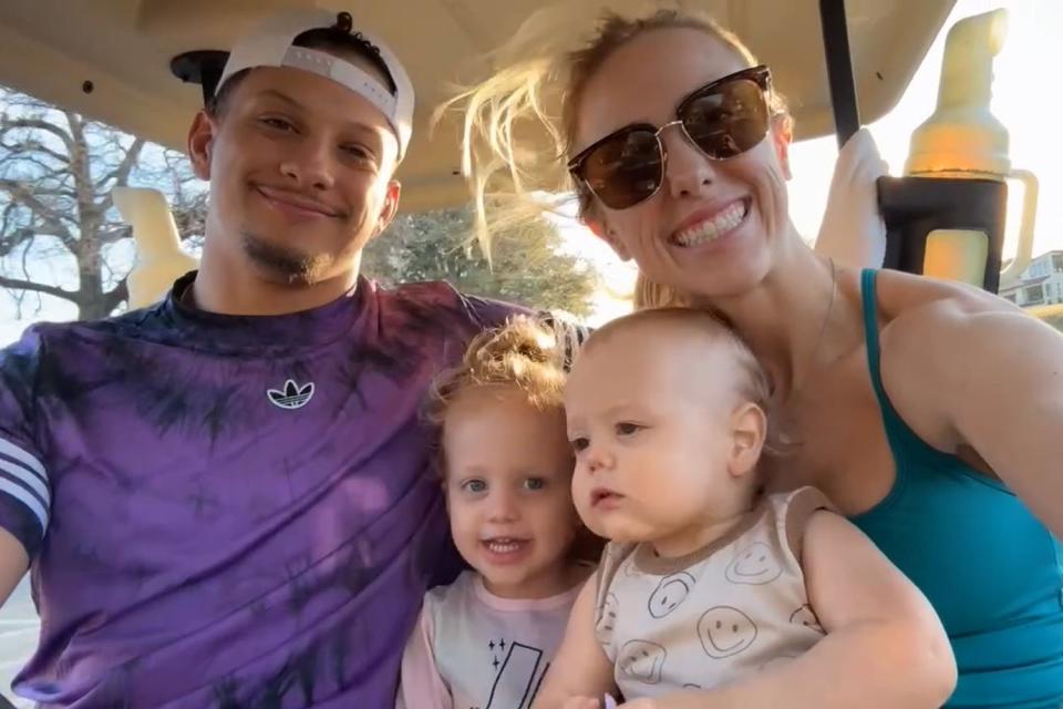 <p>Brittany Mahomes/Instagram</p> Patrick Mahomes enjoys a family ride with kids Sterling and Bronze, and wife Brittany