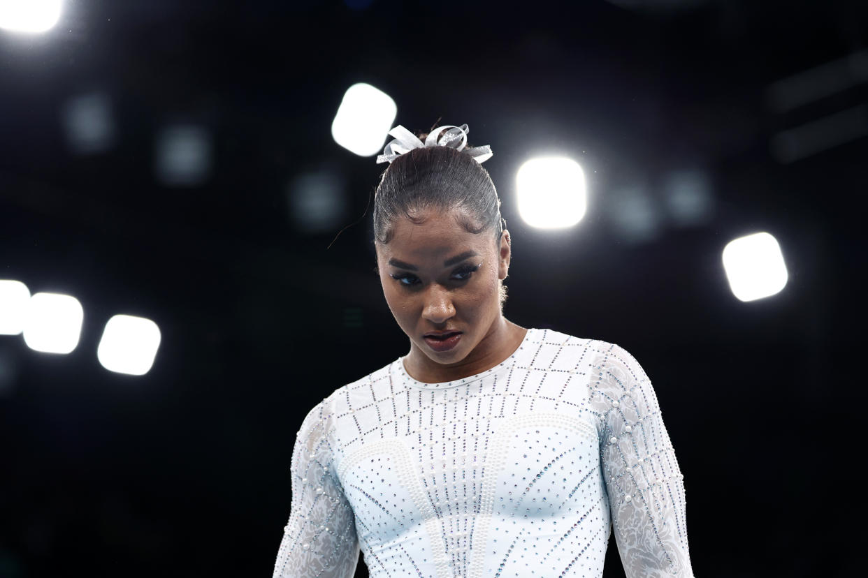 PARIS, FRANCE - AUGUST 05: Jordan Chiles of Team USA looks on ahead of the apparatus floor final on day ten of the Olympic Games Paris 2024 at Bercy Arena on August 05, 2024 in Paris, France. (Photo by Naomi Baker/Getty Images)