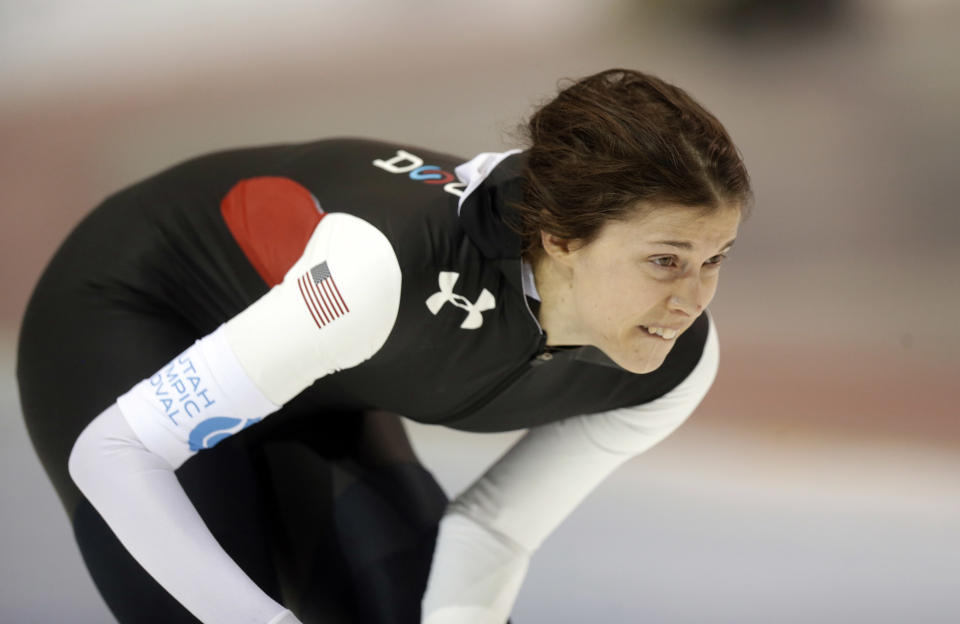 Maria Lamb looks up after competing in the women's 5,000-meter race at the U.S. Olympic speedskating trials Wednesday, Jan. 1, 2014, in Kearns, Utah. Lamb came in first place. (AP Photo/Rick Bowmer)