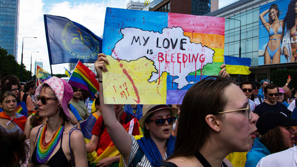 <div class="inline-image__caption"><p>Map of Ukraine in the Pride parade, "My Love Is Bleeding"</p></div> <div class="inline-image__credit">Courtesy of Randy R. Potts</div>