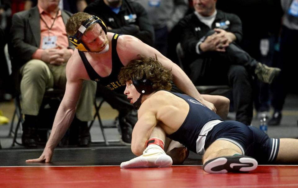 Penn State’s Levi Haines wrestles Michigan’s Will Lewan in the 157 lb championship bout of the Big Ten Wrestling tournament at the Xfinity Center at the University of Maryland on Sunday, March 10, 2024.