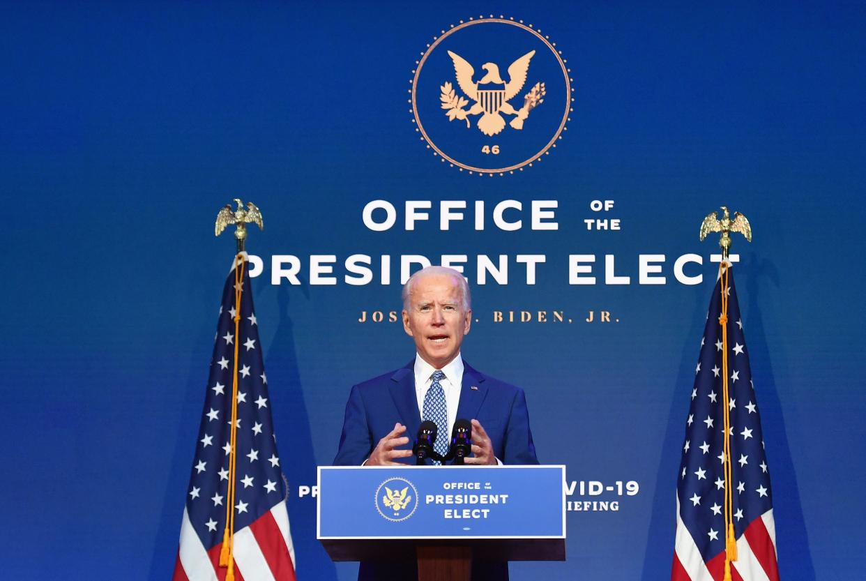 U.S. President-elect Joe Biden delivers remarks at The Queen in Wilmington, Delaware, on Nov. 9, 2020.