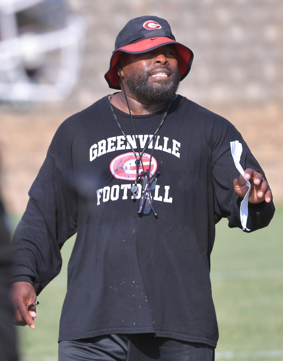 The Greenville High football team held practice at the high school on Friday, July 28, 2023. Greenville's head coach Greg Porter on the field.
