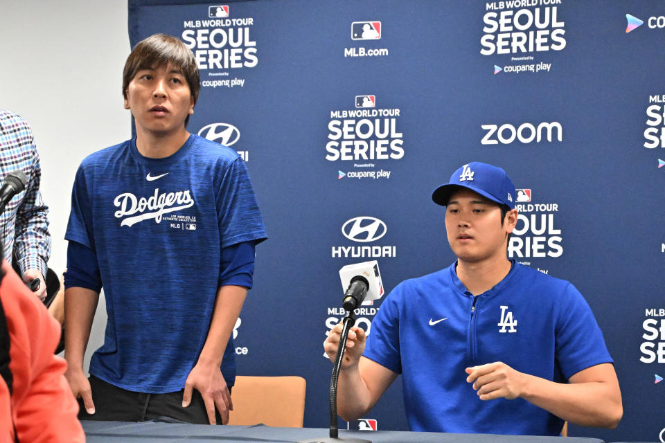 In this photo taken on March 16, 2024, Shohei Ohtani of the Los Angeles Dodgers attends a press conference at Gocheok Sky Dome in Seoul prior to the 2024 MLB Seoul Series baseball game between the Los Angeles Dodgers and the Los Angeles Dodgers Showing the athlete (right) and his interpreter, Ippei Mizuhara (left). San Diego Padres. The Los Angeles Dodgers announced on March 21 that they had fired the interpreter for Japanese baseball star Shohei Ohtani after the player's agent claimed he was the victim. 