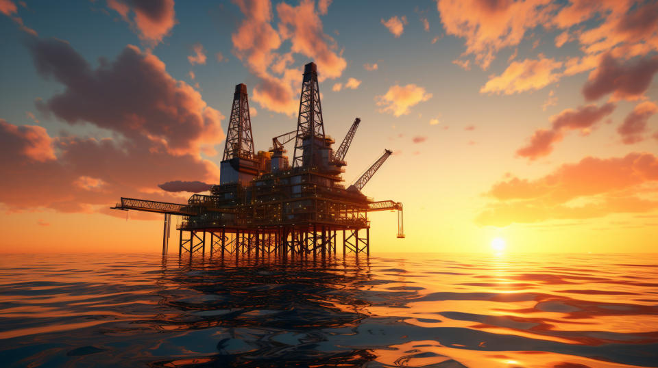 A vast oil rig pumping crude oil during a sunset, emphasizing the company's focus on oil & gas exploration and production.