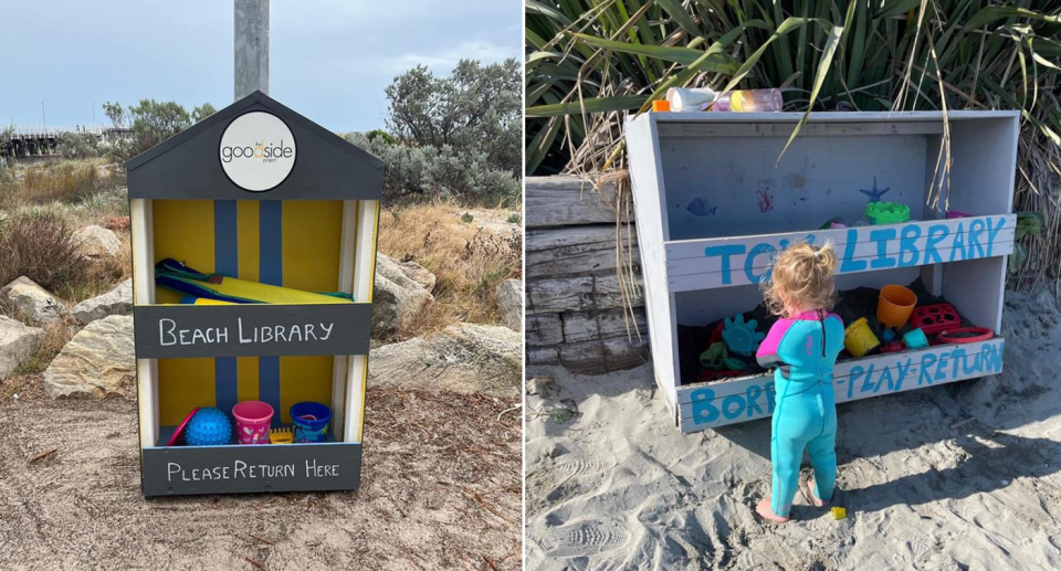 A beach toy library pictured in Largs Bay and one on Sydney's northern beaches.